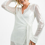 4th & Reckless Sequin Tie Side Mini Shirt Dress In White Iridescent