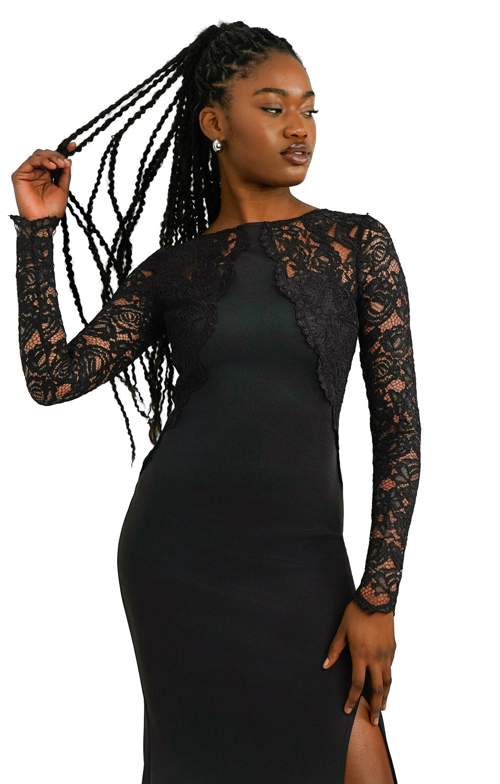 TFNC Long Sleeve Maxi Dress With Lace Insert In Black