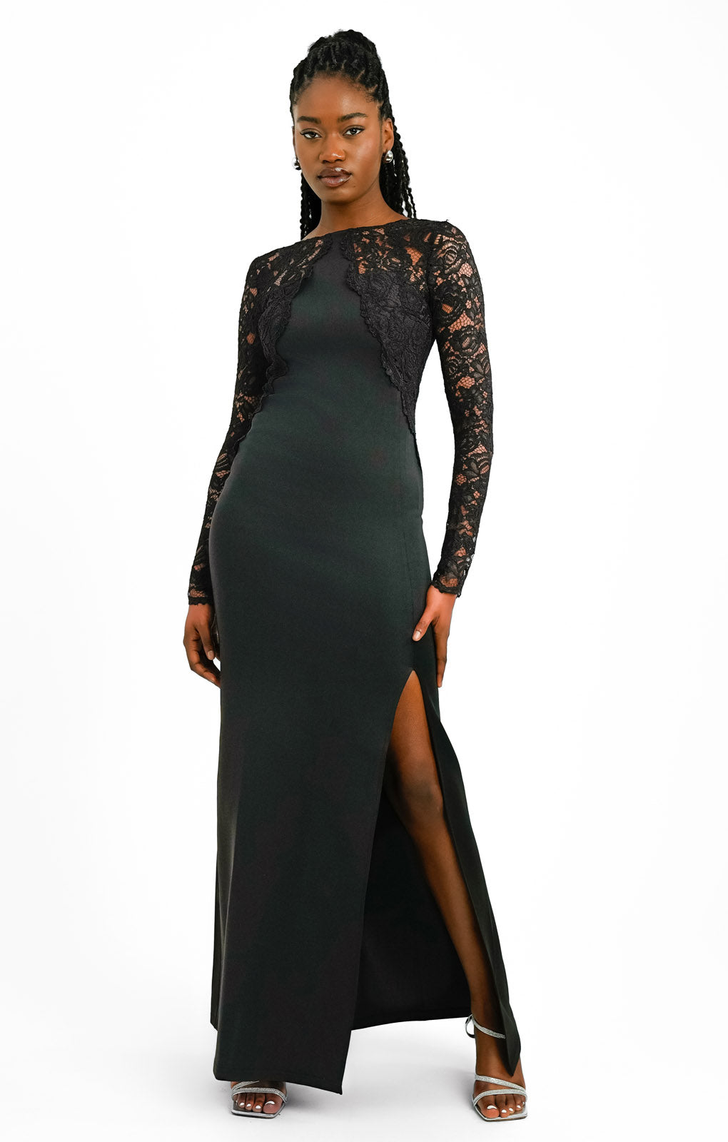 TFNC Long Sleeve Maxi Dress With Lace Insert In Black
