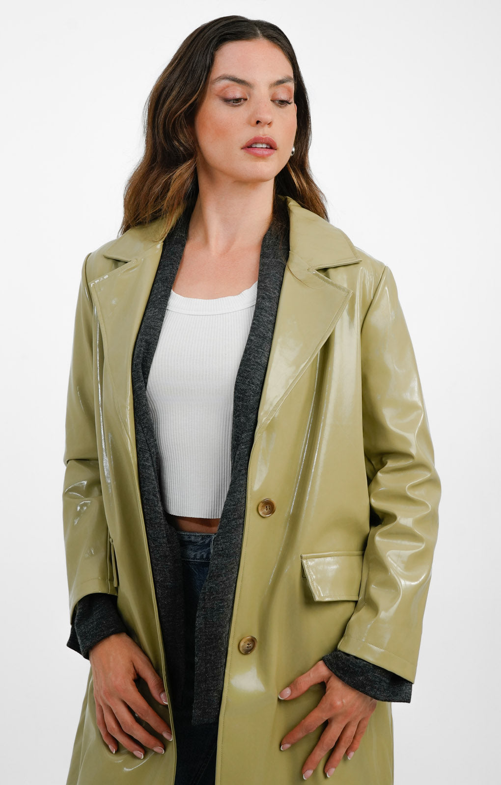 Urbancode Patent Coat In Sage Green