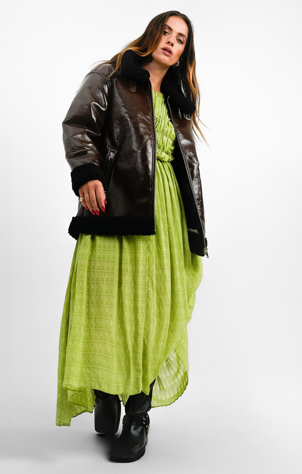 Urbancode Patent Longline Aviator Jacket With Borg Trims In Chocolate Brown