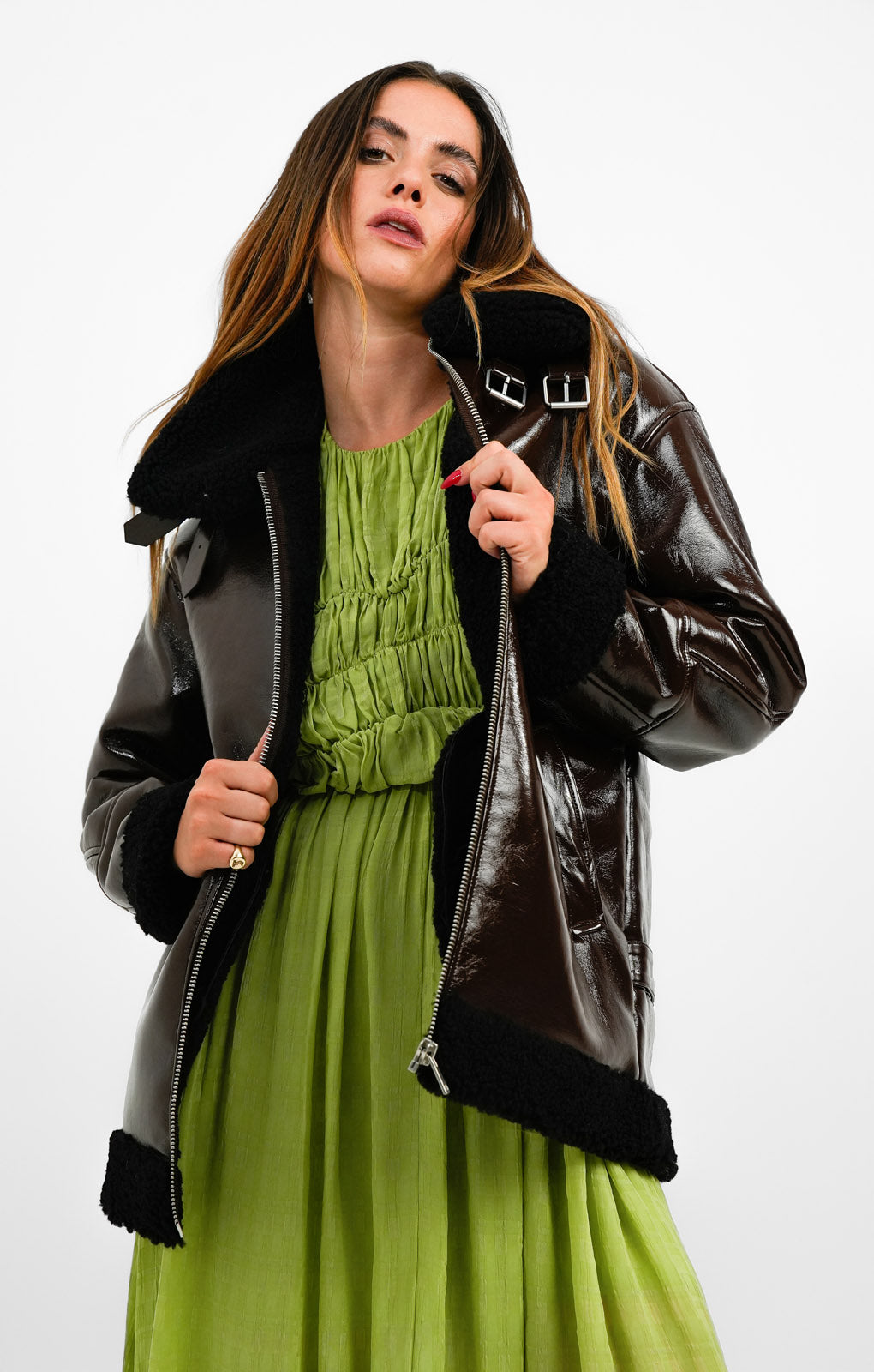 Urbancode Patent Longline Aviator Jacket With Borg Trims In Chocolate Brown