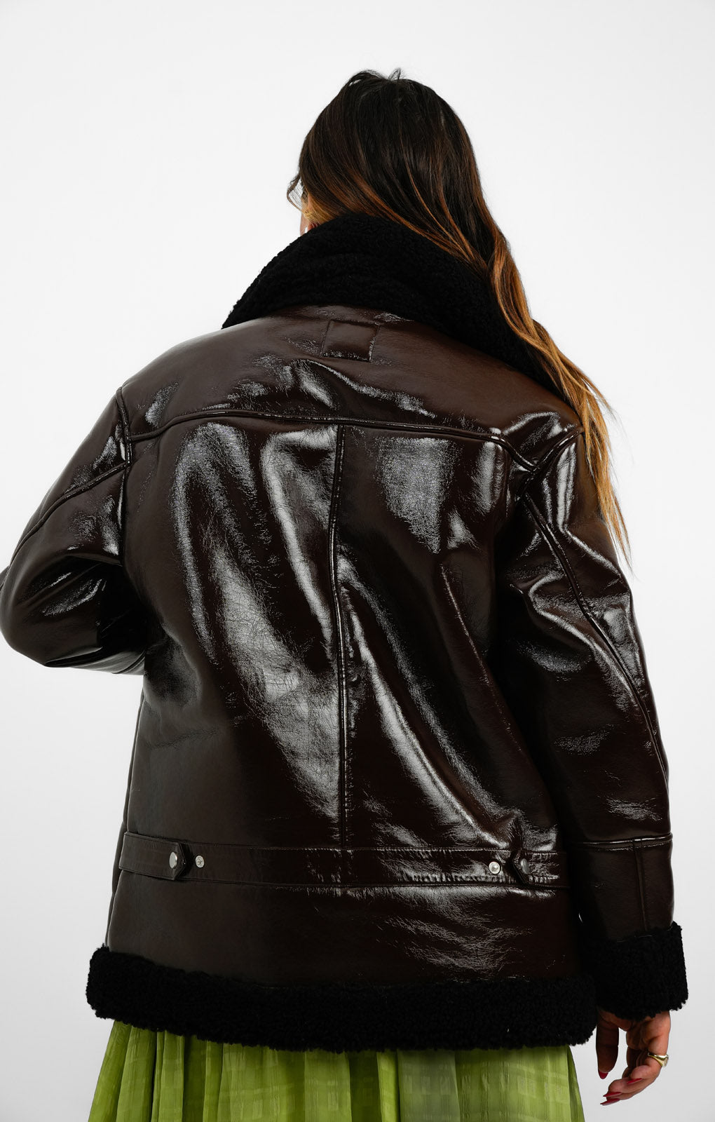 Urbancode Patent Longline Aviator Jacket With Borg Trims In Chocolate Brown