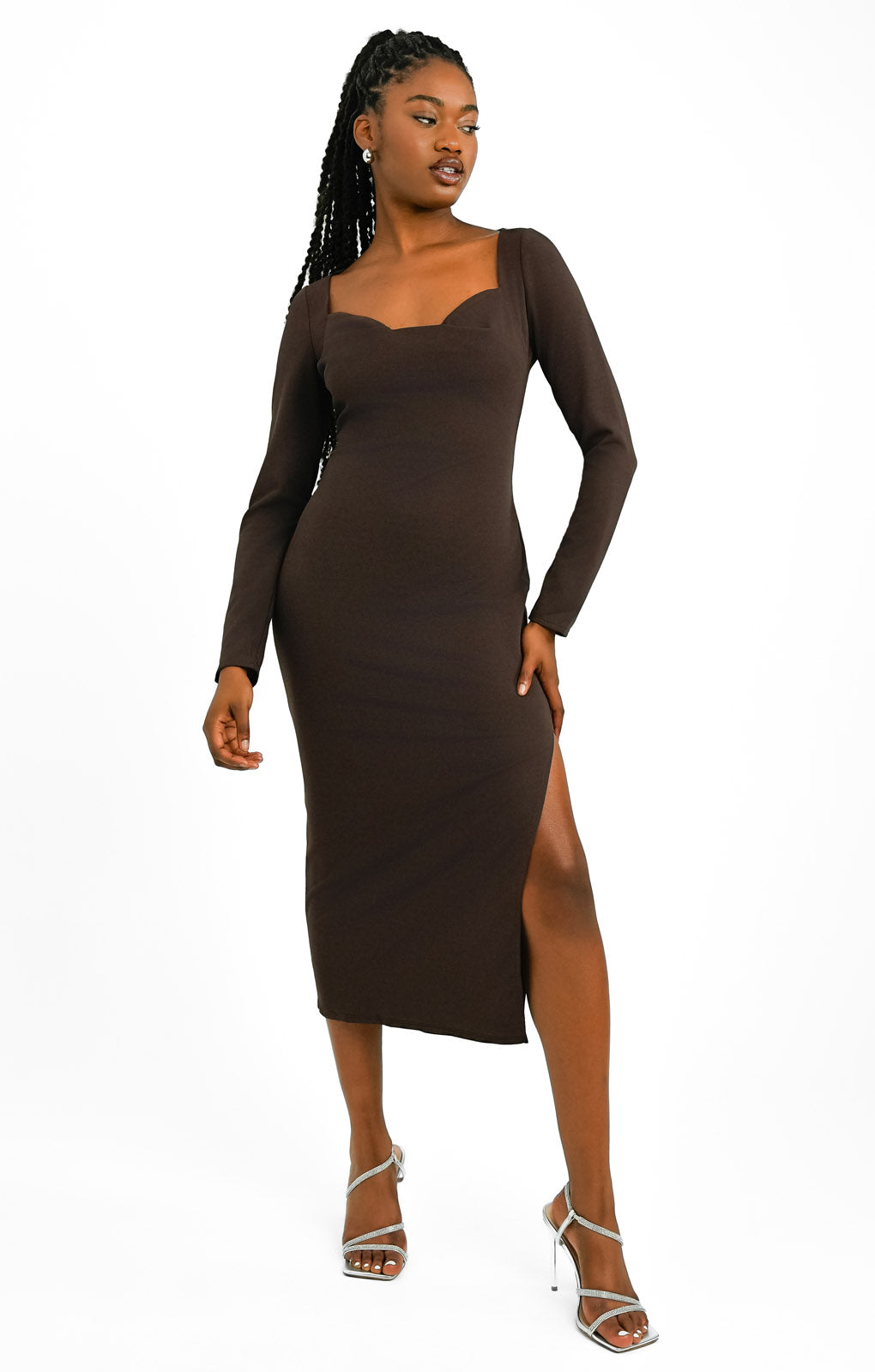 ASOS DESIGN Long Sleeve Midi Dress With Cup Detail In Chocolate