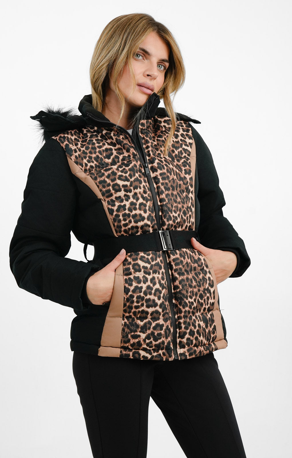 Rent Threadbare Ski Belted Coat With Faux Fur Hood In Leopard Print ...