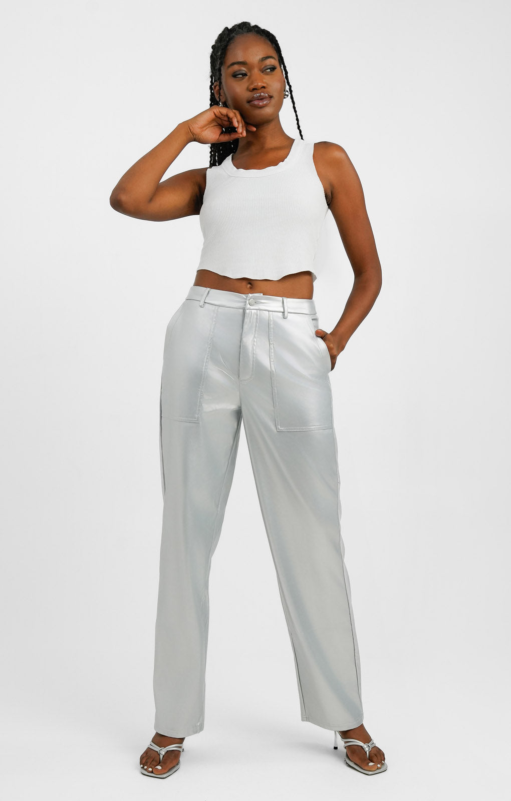 Extro & Vert High Waisted Leather Look Trousers In Silver