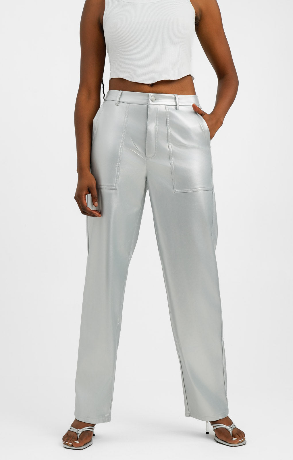 Extro & Vert High Waisted Leather Look Trousers In Silver