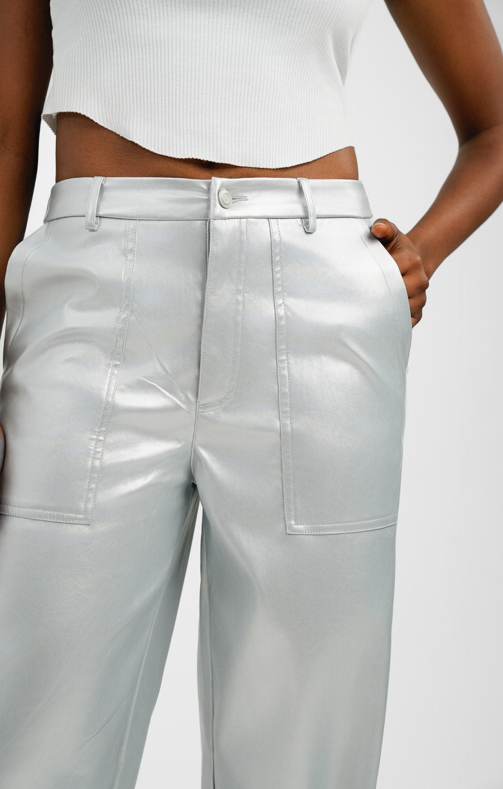 Extro & Vert High Waisted Leather Look Trousers In Silver