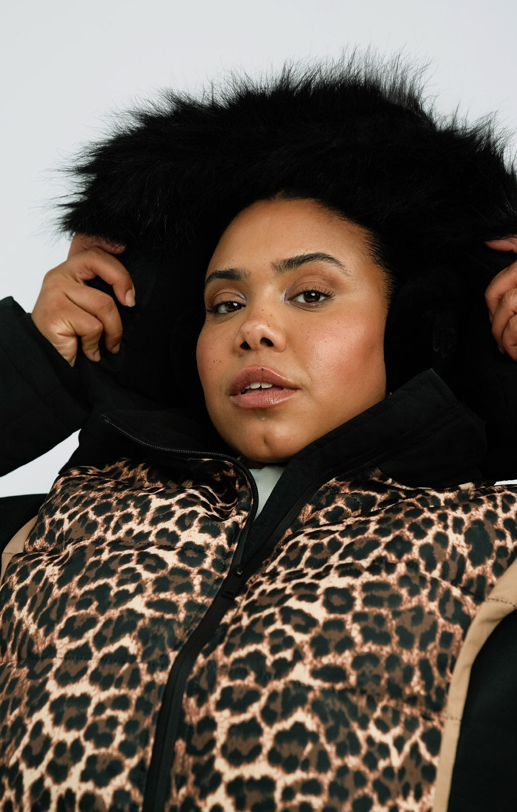 Threadbare Plus Ski Belted Coat With Faux Fur Hood In Leopard Print