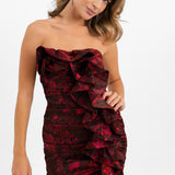 Topshop Rose And Ruffle Detail Mini Bandeau Dress In Red Print