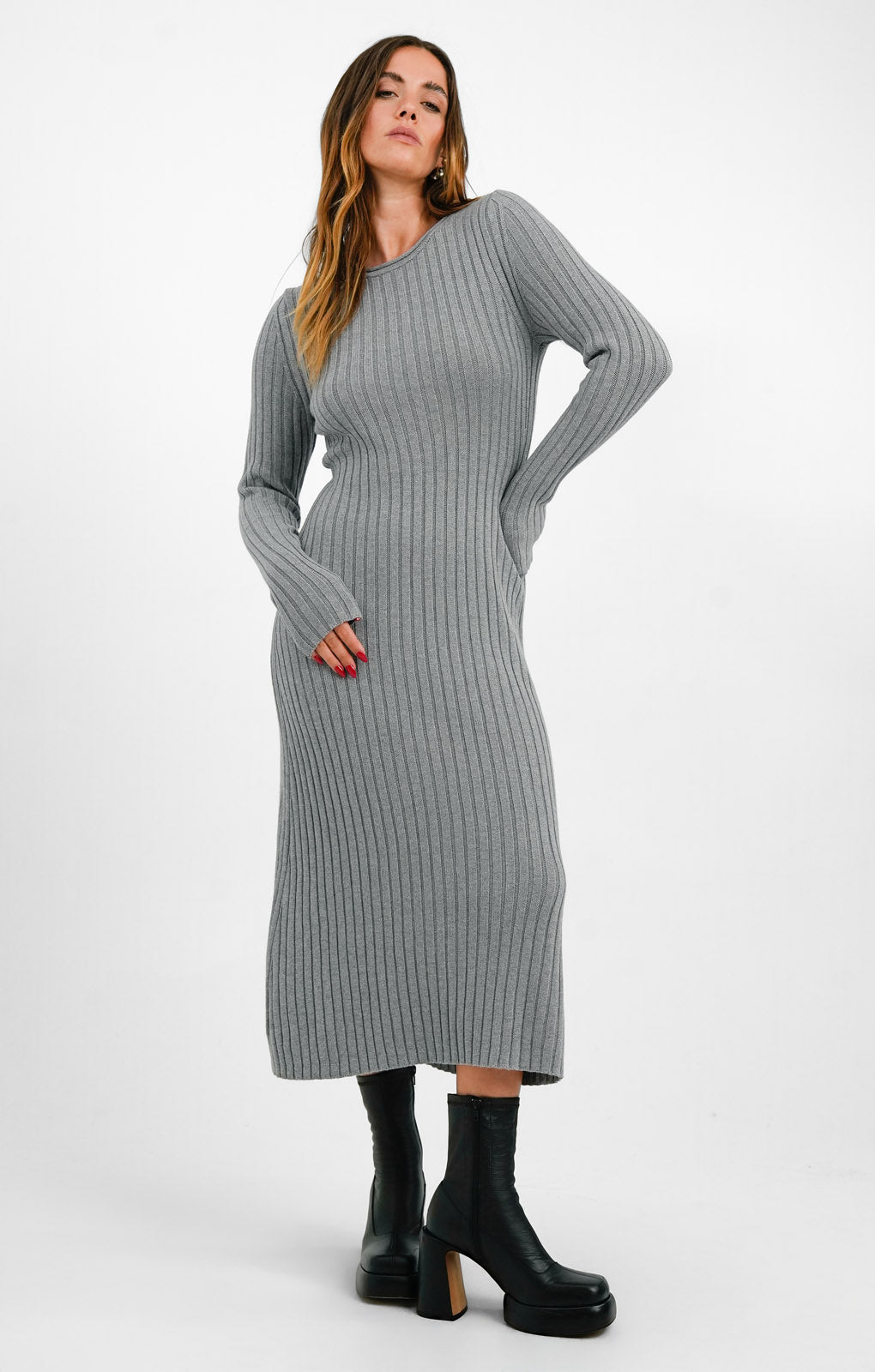 Flared Ribbed Knitted Midi Dress In Grey