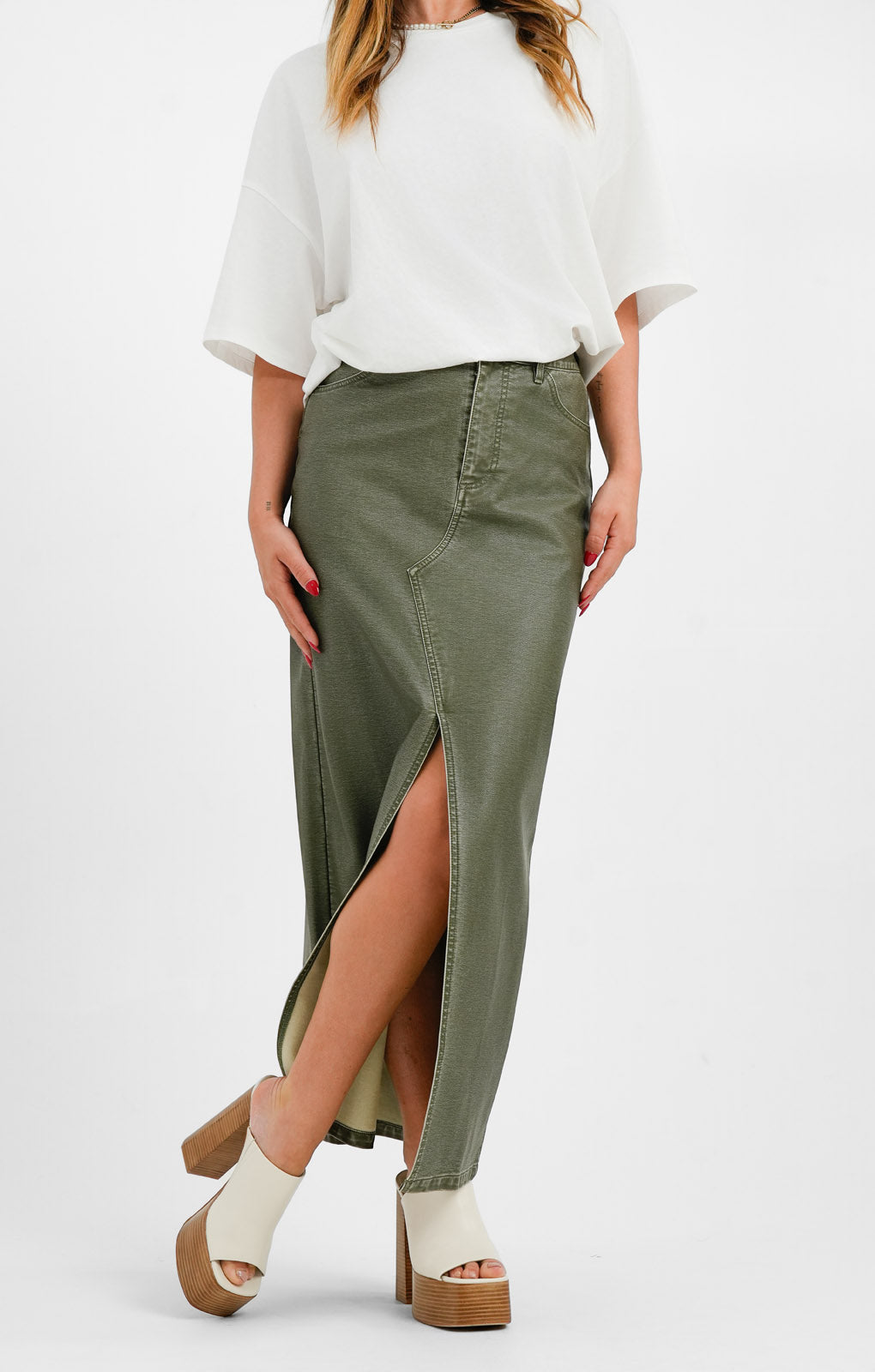 ASOS DESIGN Faux Leather Split Front Maxi Skirt In Washed Khaki