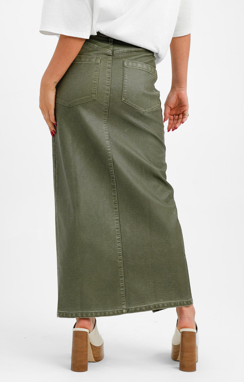 ASOS DESIGN Faux Leather Split Front Maxi Skirt In Washed Khaki