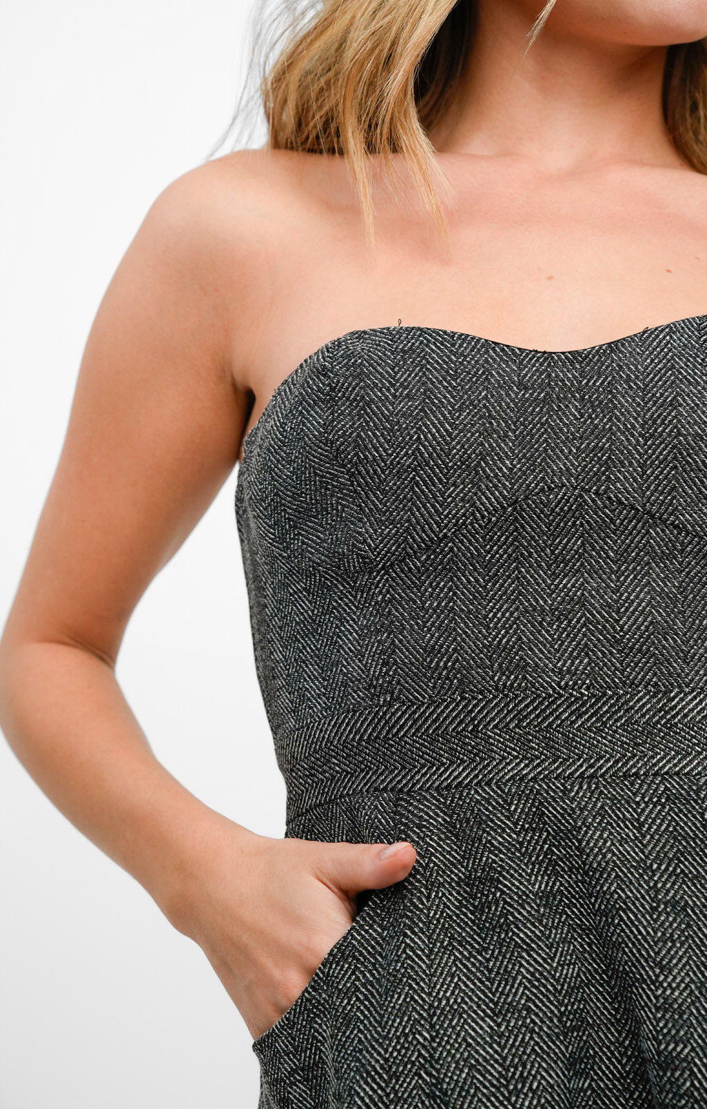 asos grey dress ASOS DESIGN Tweed Check Bandeau A-Line Mini Dress In Grey