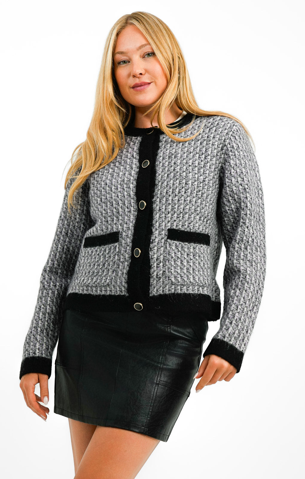 Knitted Tweed Look Contrast Edge Alpaca Wool Cardigan