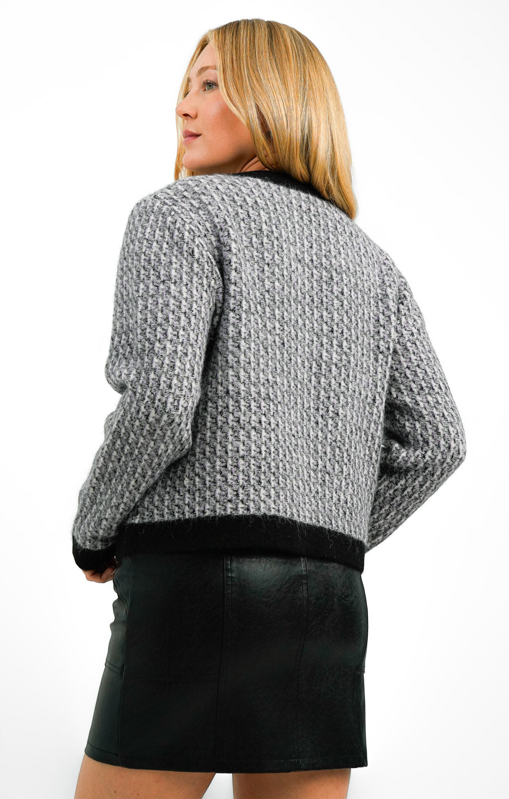 Knitted Tweed Look Contrast Edge Alpaca Wool Cardigan