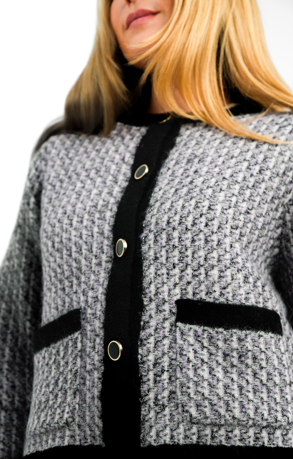 Knitted Tweed Look Contrast Edge Alpaca Wool Cardigan