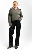 Merino Wool Blend Knitted Chunky Rib Half Zip Sweater In Taupe
