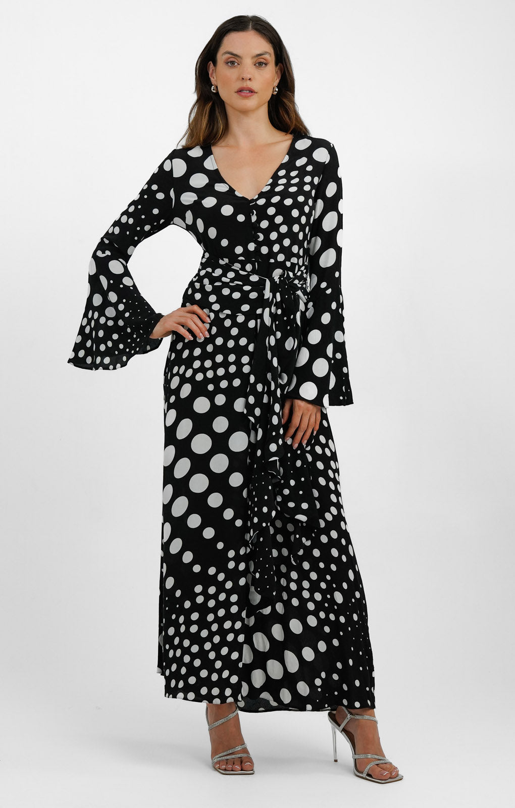 Topshop Button Down V Neck Tie Front Midi Dress In Polka Dot Print