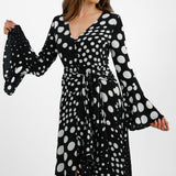 Topshop Button Down V Neck Tie Front Midi Dress In Polka Dot Print