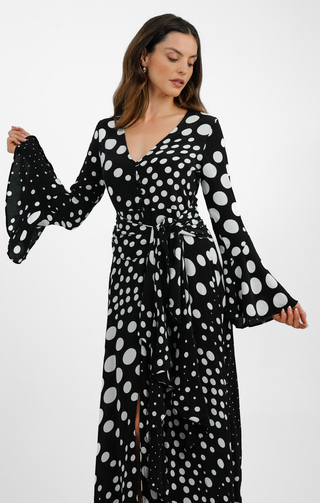 Topshop Button Down V Neck Tie Front Midi Dress In Polka Dot Print