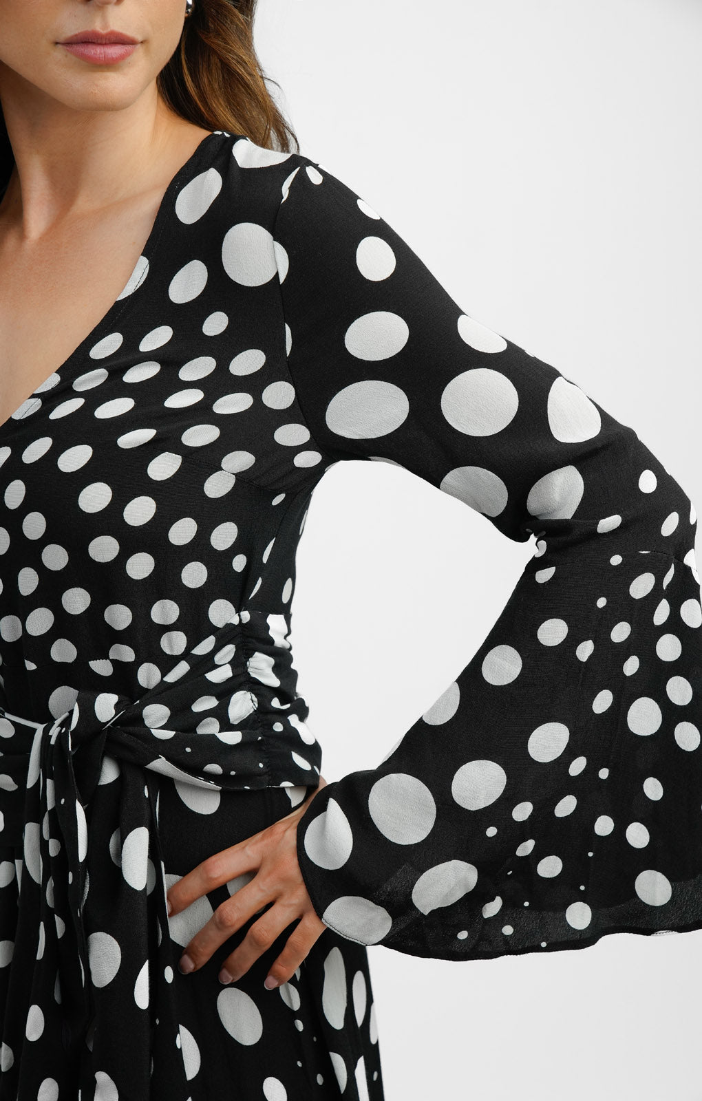 Topshop Button Down V Neck Tie Front Midi Dress In Polka Dot Print