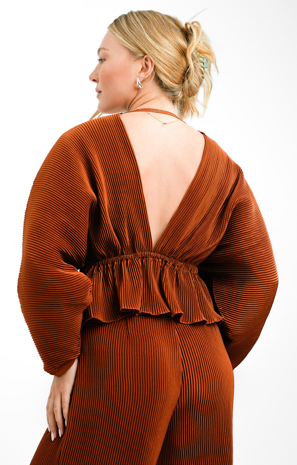 ASOS EDITION Plisse Volume Sleeve Plunge Neck Top In Rust