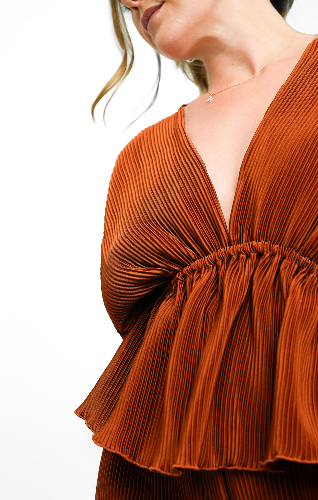 ASOS EDITION Plisse Volume Sleeve Plunge Neck Top In Rust