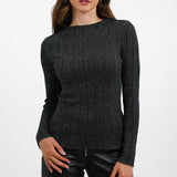 Shrunken Knitted Variegated Rib Top In Black With Silver Metallic