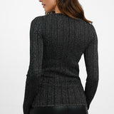 Shrunken Knitted Variegated Rib Top In Black With Silver Metallic