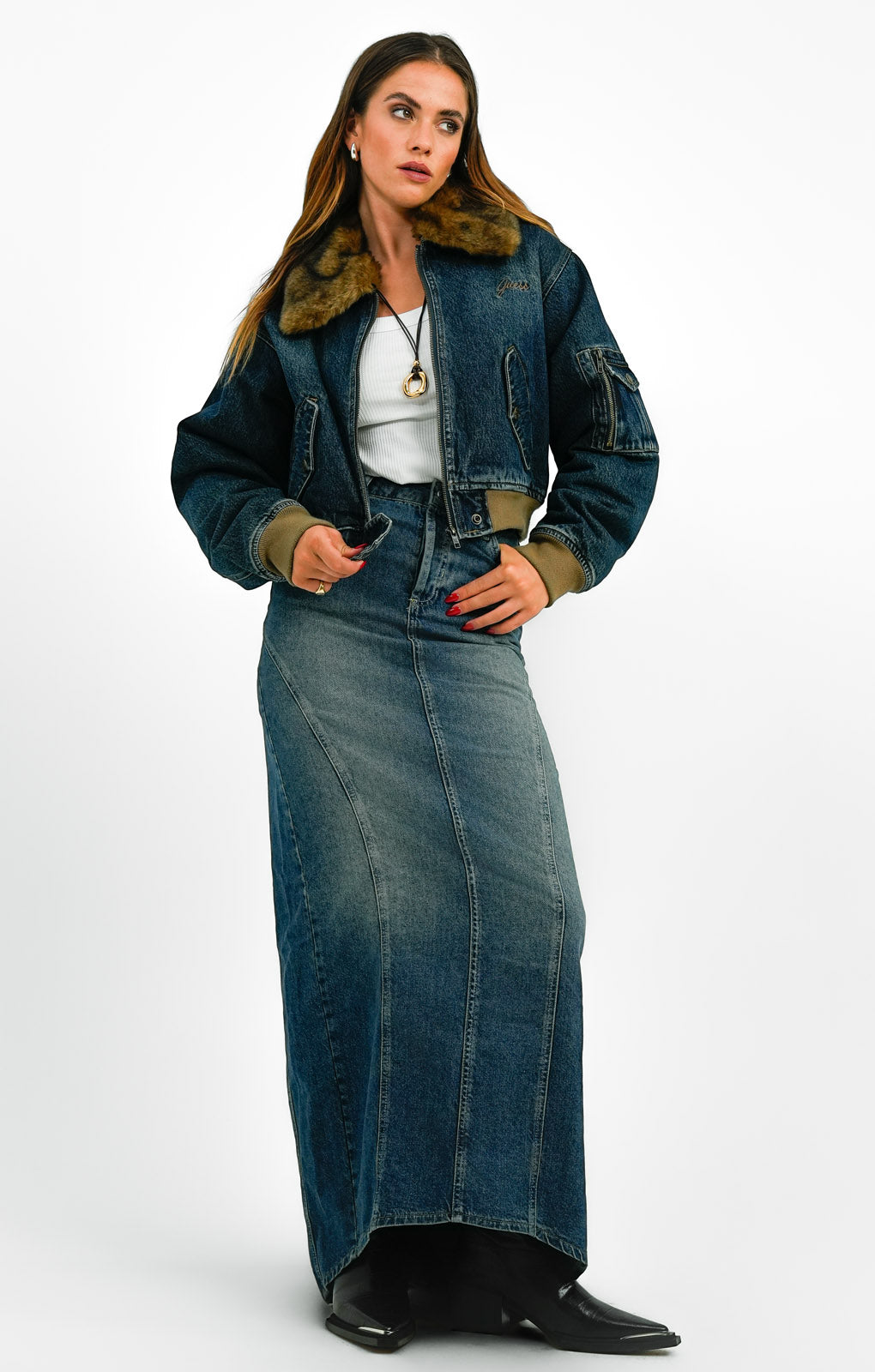 Guess Originals Fur Denim Bomber Jacket In Blue