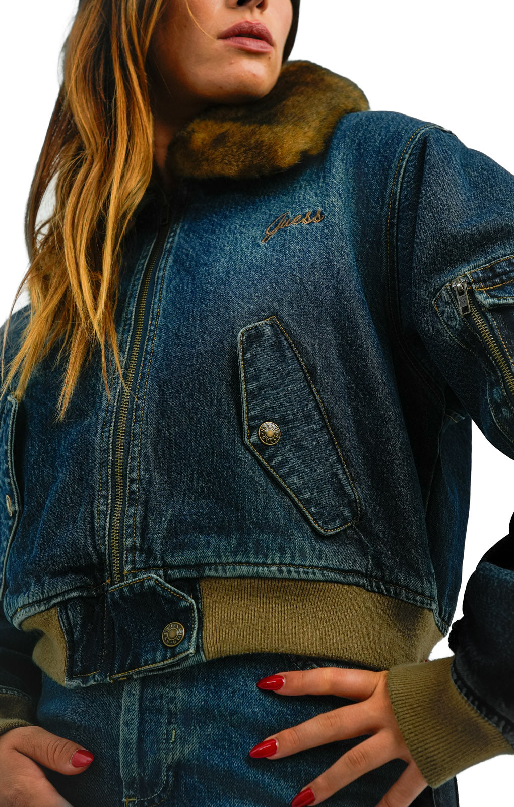 Guess Originals Fur Denim Bomber Jacket In Blue