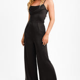 Flounce London Cowl Neck Tie Side Satin Jumpsuit In Black