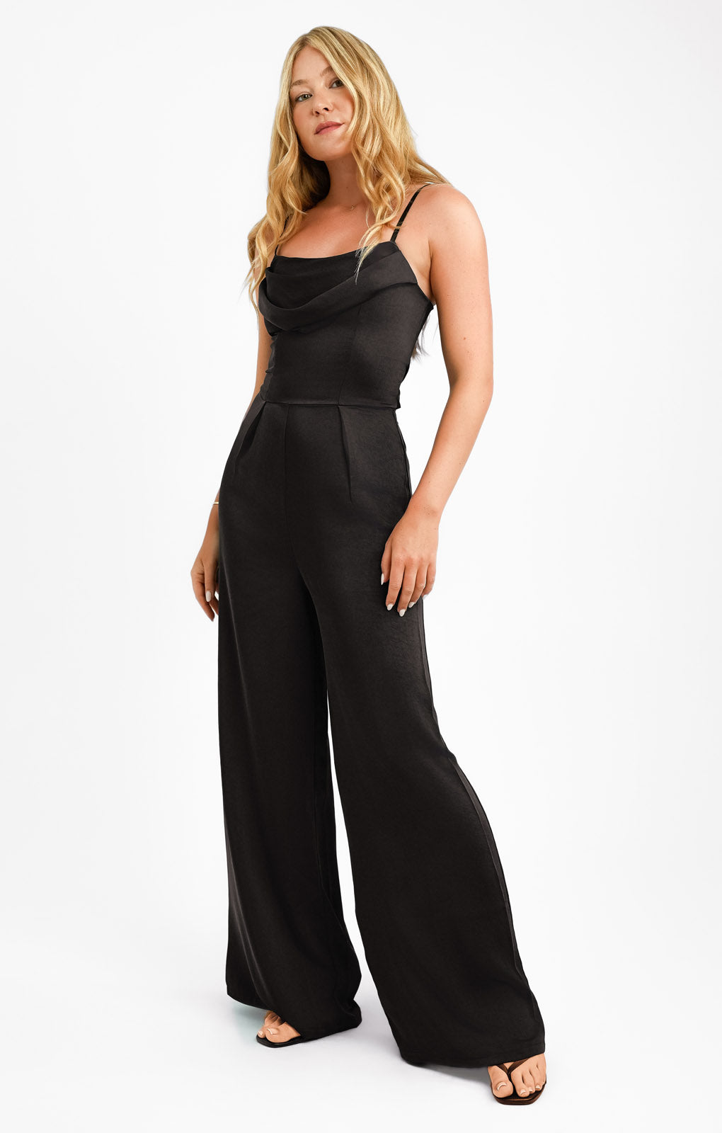 Flounce London Cowl Neck Tie Side Satin Jumpsuit In Black
