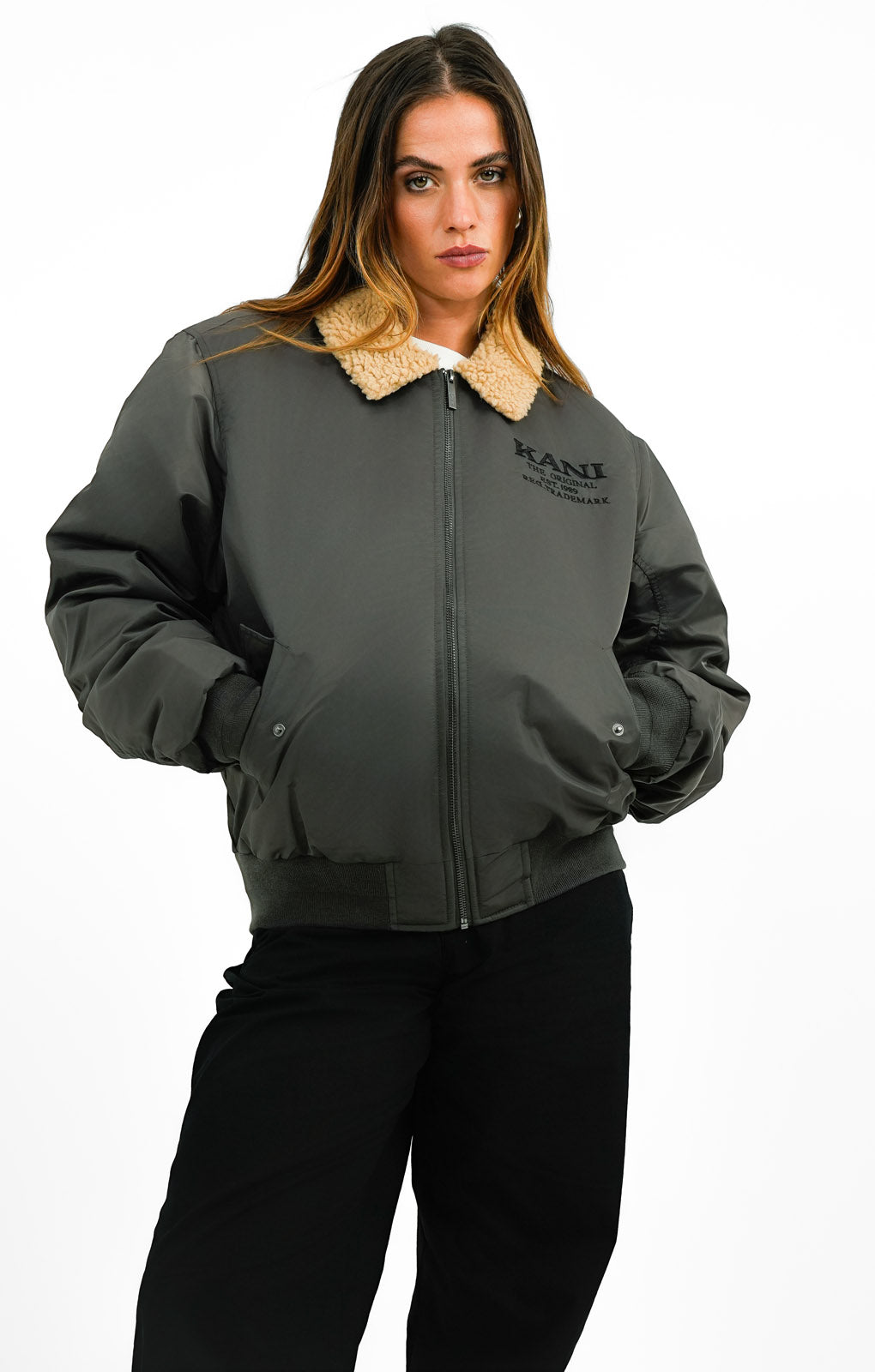 Karl Kani Retro Aviator Bomber Jacket In Grey With Contrast Borg Collar