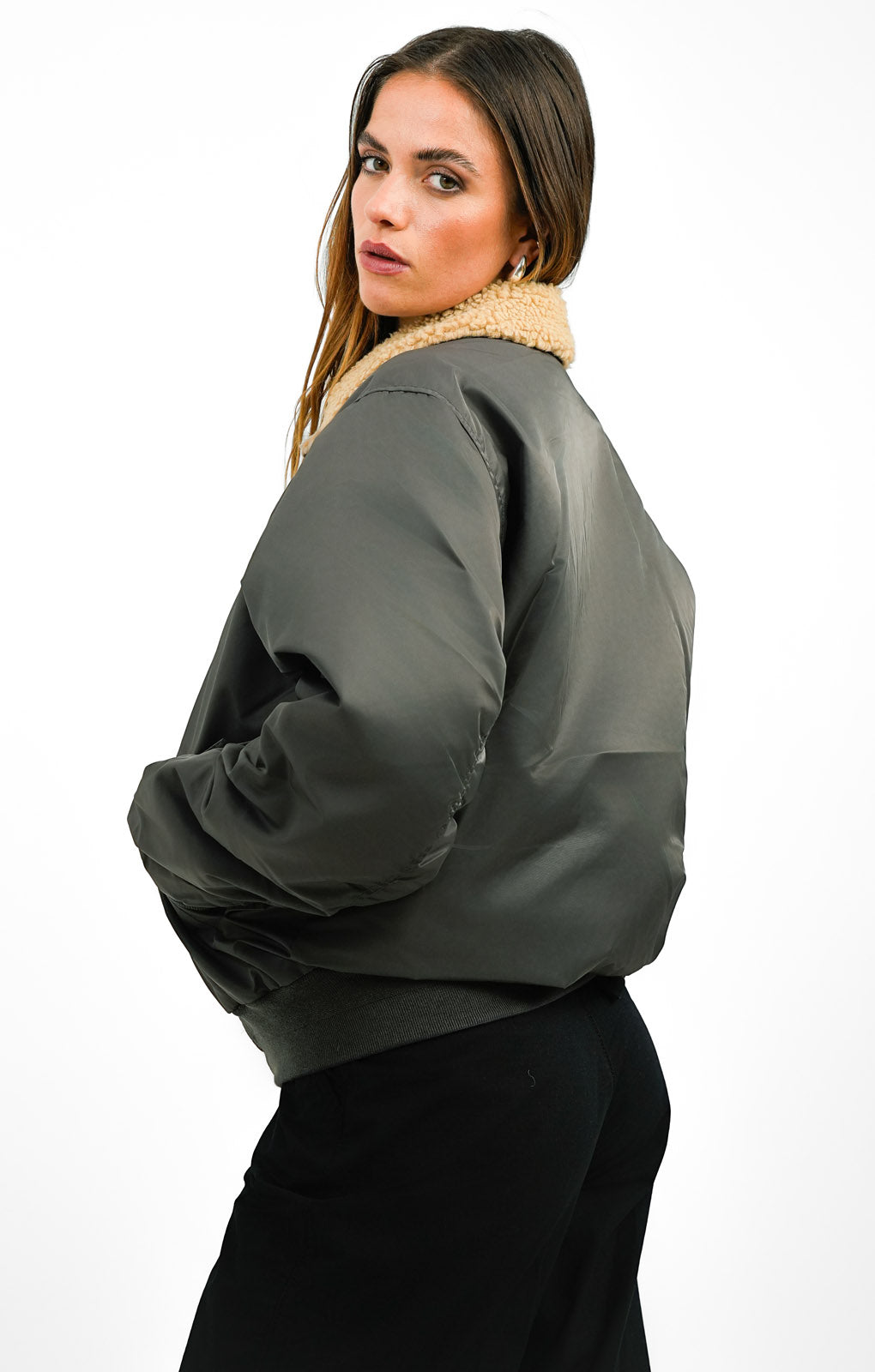 Karl Kani Retro Aviator Bomber Jacket In Grey With Contrast Borg Collar