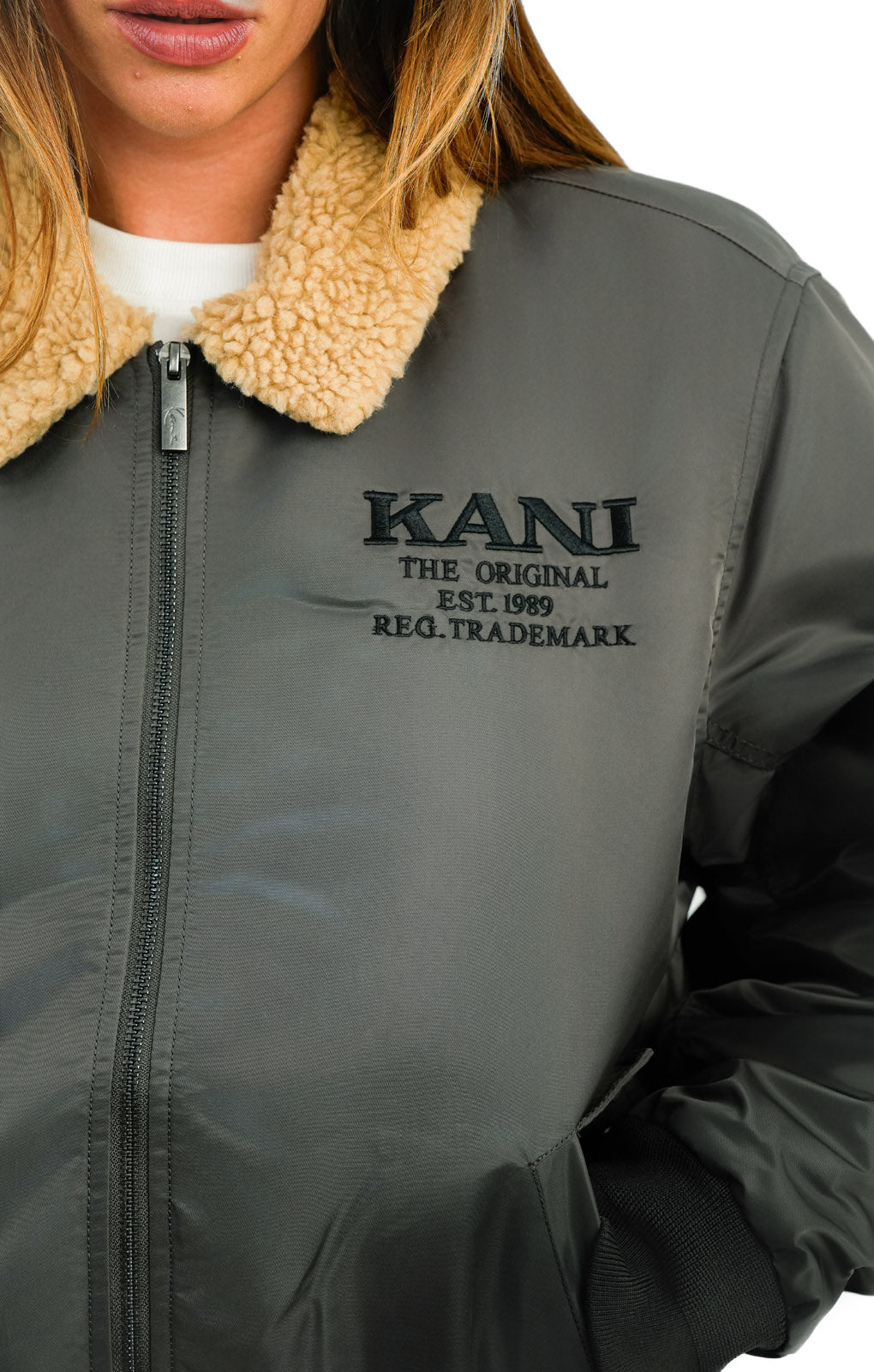 Karl Kani Retro Aviator Bomber Jacket In Grey With Contrast Borg Collar