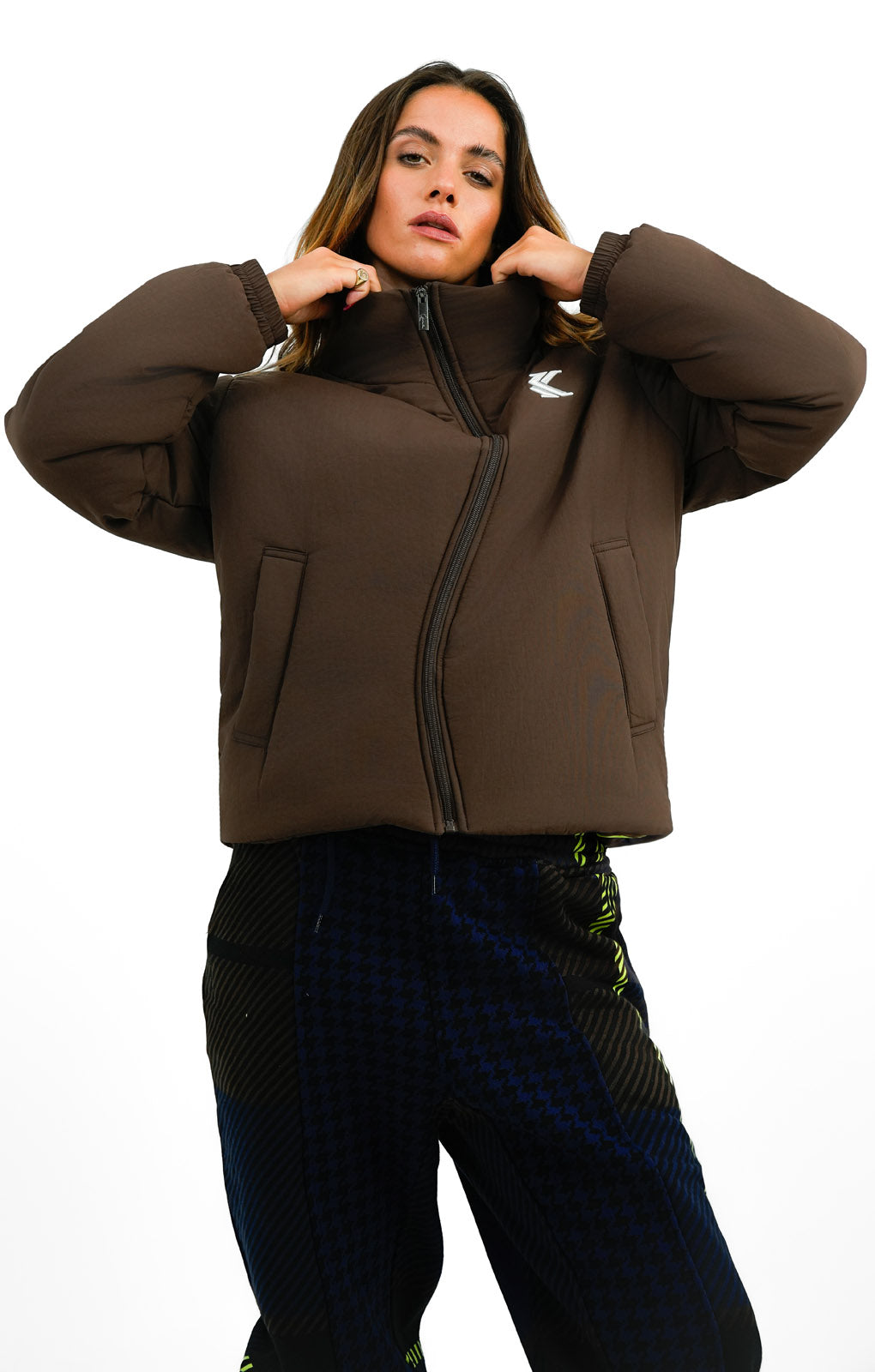 Karl Kani Og Puffer Jacket In Brown With Wavy Zip Detail