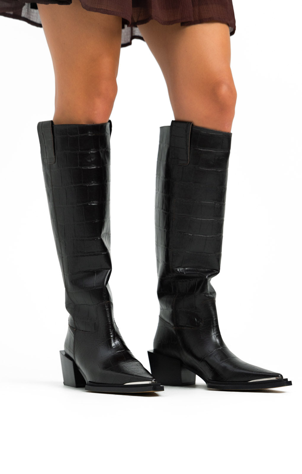 Topshop Rio Leather Western Style Knee High Boot In Choc Croc
