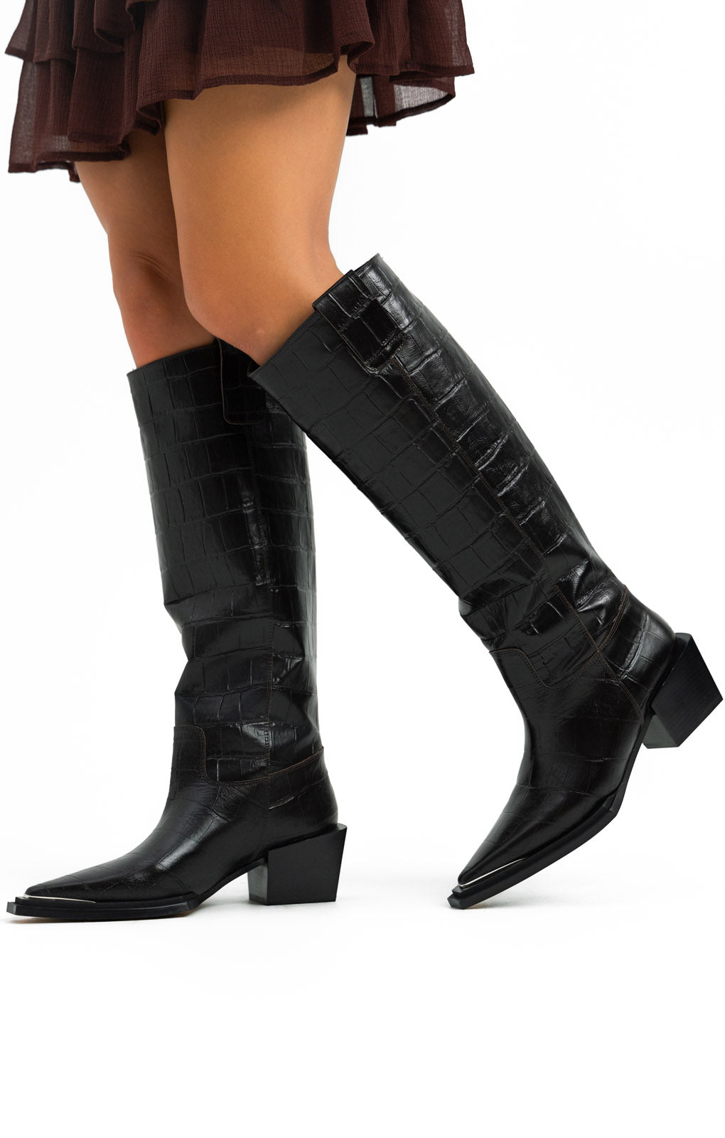 Topshop Rio Leather Western Style Knee High Boot In Choc Croc