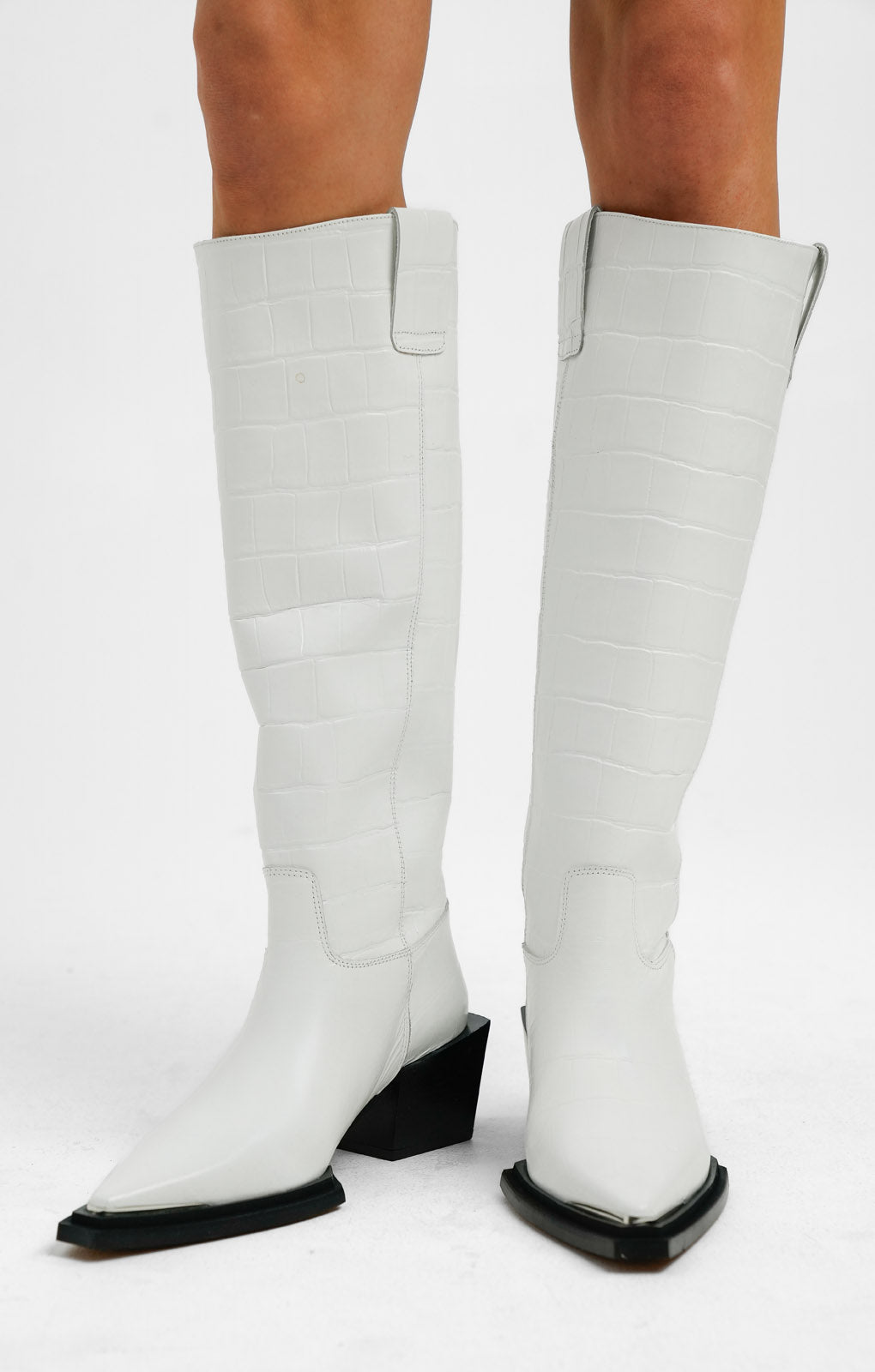 Topshop Rio Leather Western Style Knee High Boot In White Croc