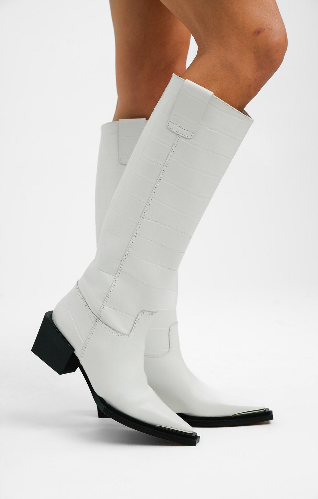 Topshop Rio Leather Western Style Knee High Boot In White Croc