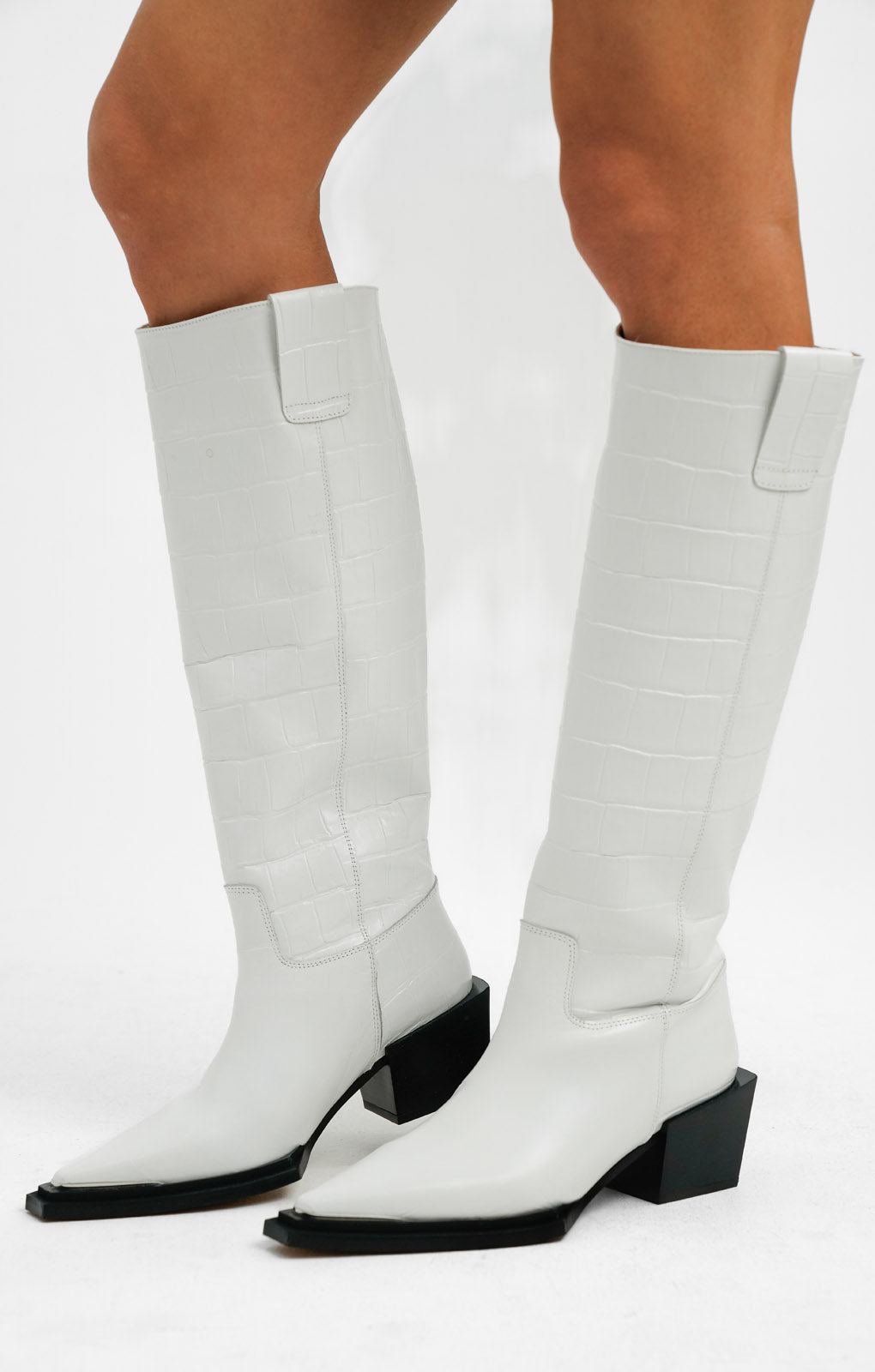 Topshop Rio Leather Western Style Knee High Boot In White Croc