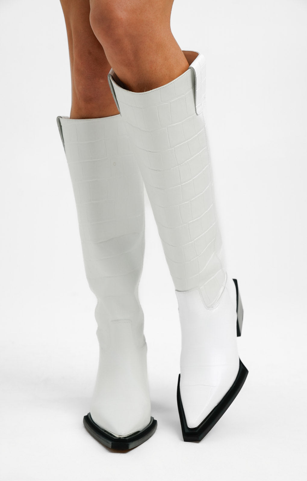 Topshop Rio Leather Western Style Knee High Boot In White Croc