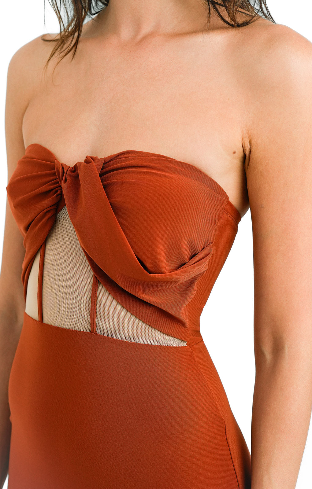 ASOS DESIGN Tall Drape Twist Front Bandeau Maxi Dress With Invisible Mesh In Rust