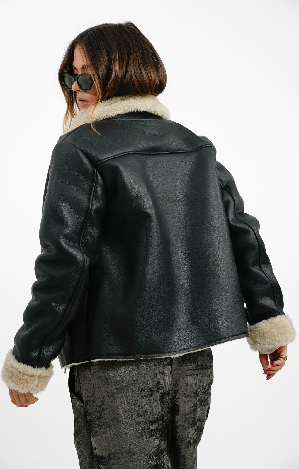 NA-KD x Claire Rose Faux Leather Teddy Jacket In Black