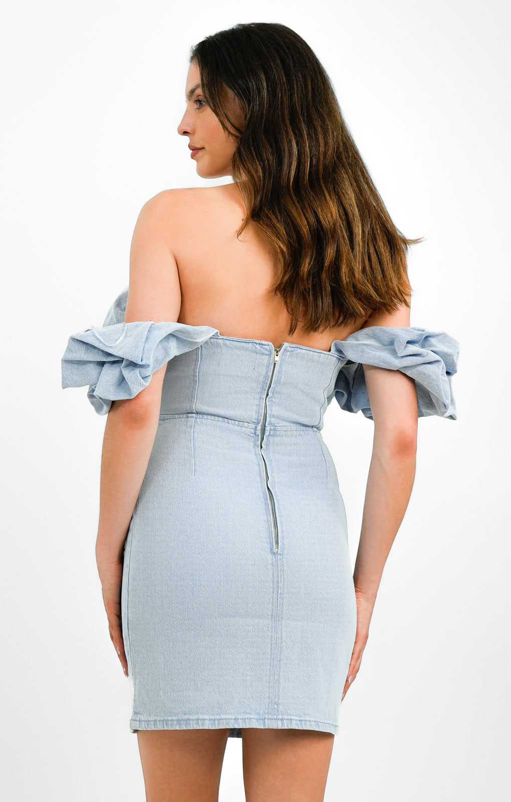 ASOS DESIGN Denim Ruffle Off Shoulder Mini Dress In Bromo Wash