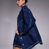 HUGO Blue Galane Co-ord Longline Denim Jacket in Dark Blue