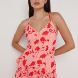 Pretty Lavish Hettie Asymmetric Pink/Red Floral Ruffle Maxi Dress