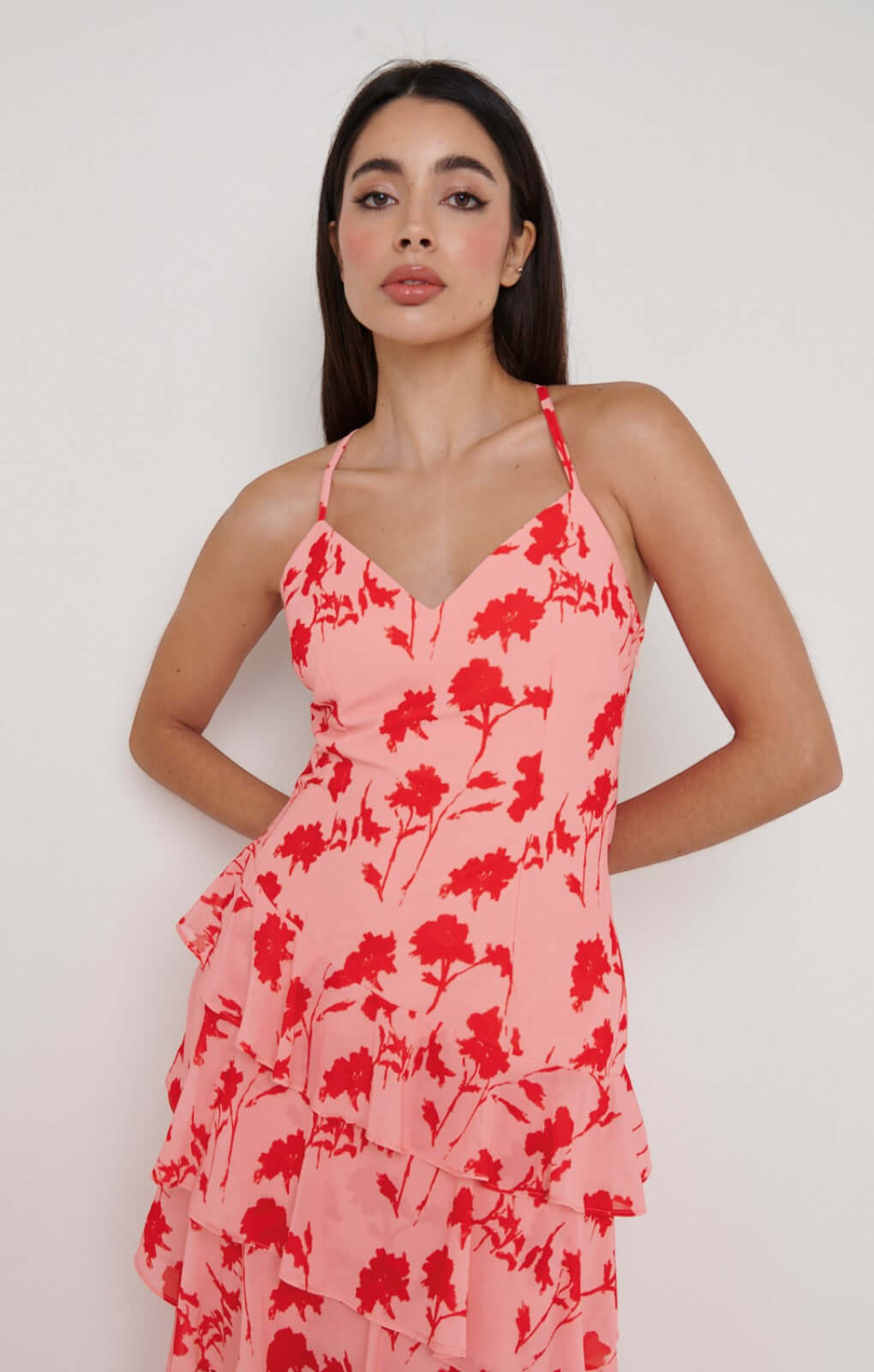 Pretty Lavish Hettie Asymmetric Pink/Red Floral Ruffle Maxi Dress